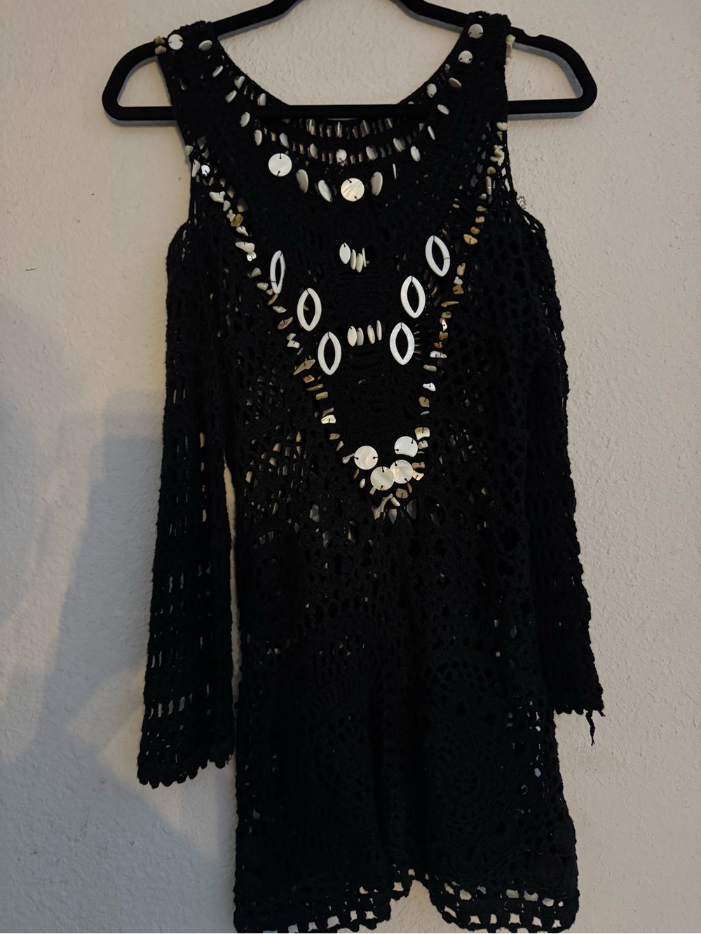Black Crochet Off-the-Shoulder Sweater with Shell Accents